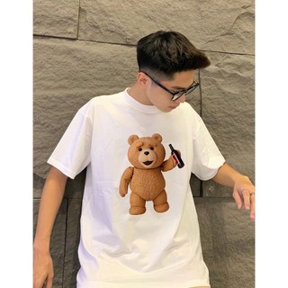 Áo Phông Cộc Tay Cổ Tròn Phối Họa Tiết Gấu Bearr Chai Rượu Thoáng Khí, Cotton Khoo 100% Mềm Mịn