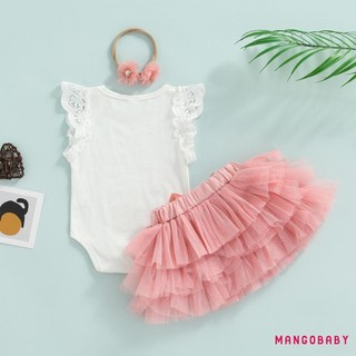 Mg-baby Girl 's 3 Mảnh Phù Hợp Với Chữ Thời Trang Ren Bay Tay Áo Liền Quần Và Nơ Gạc Váy Ngắn & Băng Đô