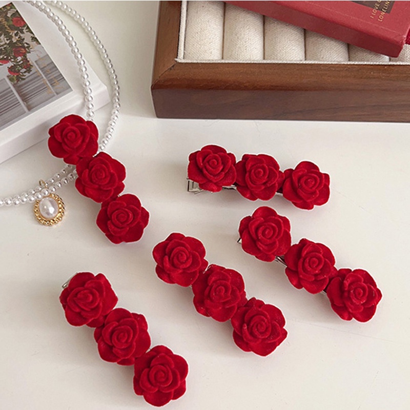 Set Kẹp Tóc Mỏ Vịt Đính Hoa Hồng Nhung Đỏ Xinh Xắn Đáng Yêu Phụ Kiện Tóc Empoli