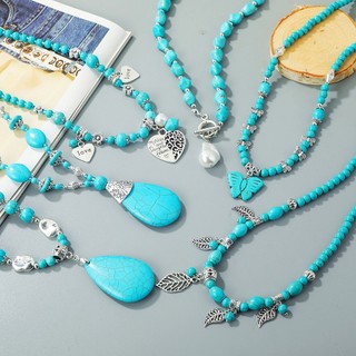 Vòng cổ Mặt Đá Ngọc Lam Tự Nhiên Phong Cách Bohemian Dành Cho Nữ A003