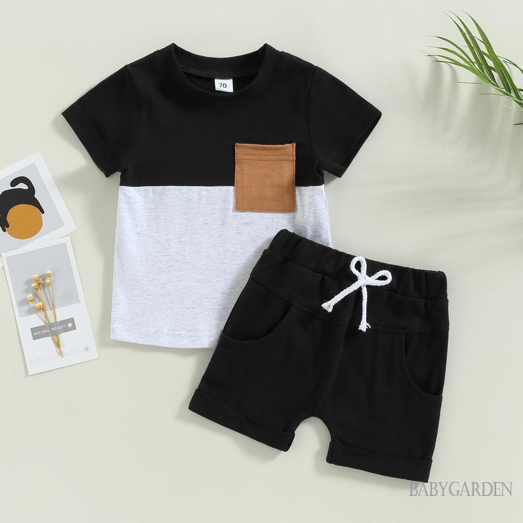 Set Áo Thun Tay Ngắn & Quần Short Rút Dây Màu Sắc Tương Phản Cho Bé Trai 0-3 Tuổi