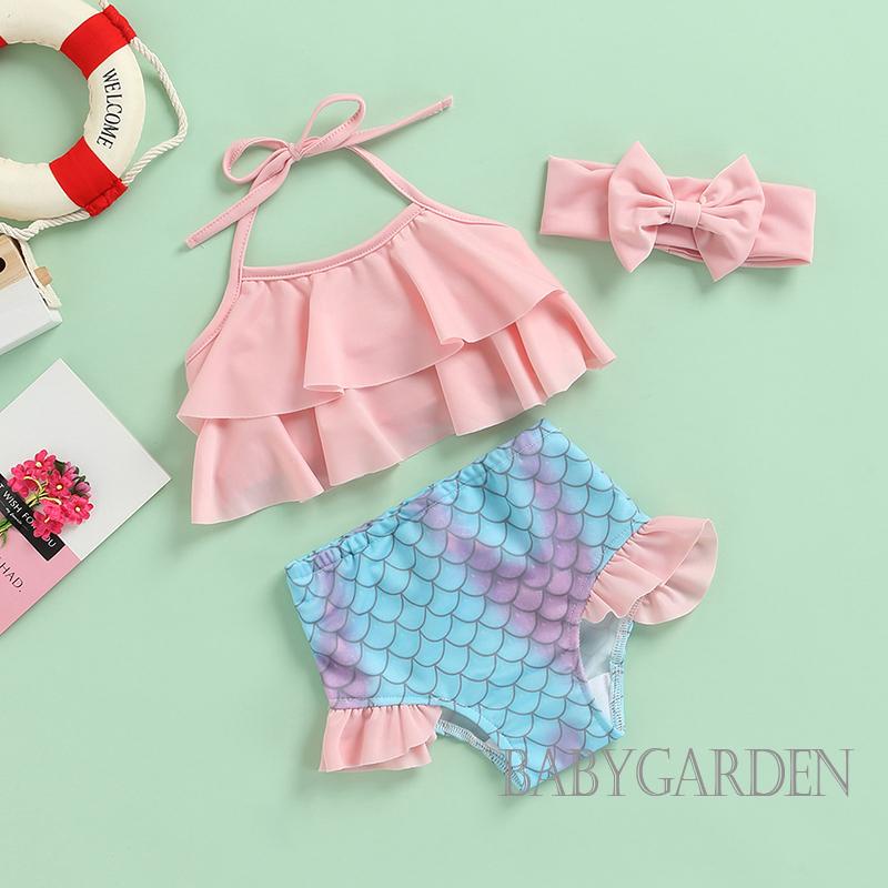 Bộ Bikini Hai Dây Màu Trơn + Đáy Nàng Tiên Cá + Băng Đô Cài Tóc Màu Sắc Xinh Xắn Cho Bé Gái