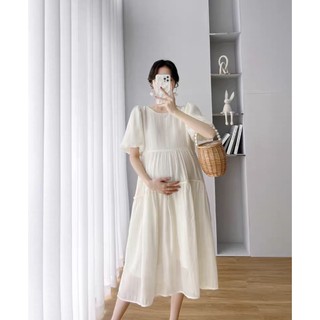 Đầm bầu xinh babydoll màu kem Viba [VB71] thiết kế 3 tầng chất liệu tơ óng mềm mại phù hợp đi chơi đi tiệc
