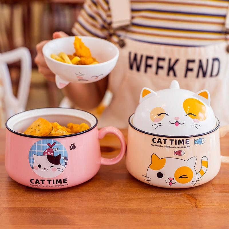 Tô Sứ Ăn Mì Hình Mèo Cute 1020ml Có Nắp Và Tay Cầm - Bát Mèo Cat Time Dễ Thương Phong Cách Nhật Decor Bếp Quà Tặng
