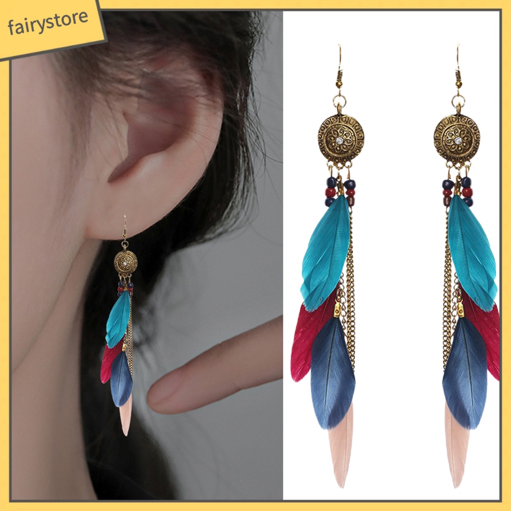 1 Đôi Bông Tai Dáng Dài Phối Lông Vũ Phong Cách Bohemian Cổ Điển Thời Trang Cho Nữ