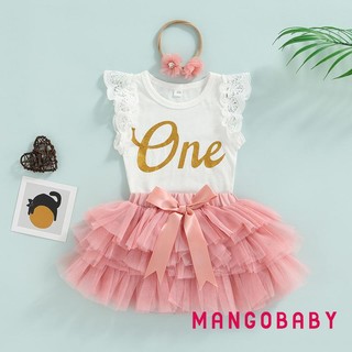 Mg-baby Girl 's 3 Mảnh Phù Hợp Với Chữ Thời Trang Ren Bay Tay Áo Liền Quần Và Nơ Gạc Váy Ngắn & Băng Đô