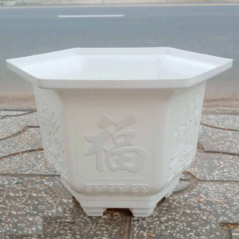 (32x22cm) Chậu nhựa lục giác LG19 vân giả đá đen/Trắng/Đỏ viền hoa văn nổi loại 1 dày, cứng, đẹp,hàng sẵn ạ