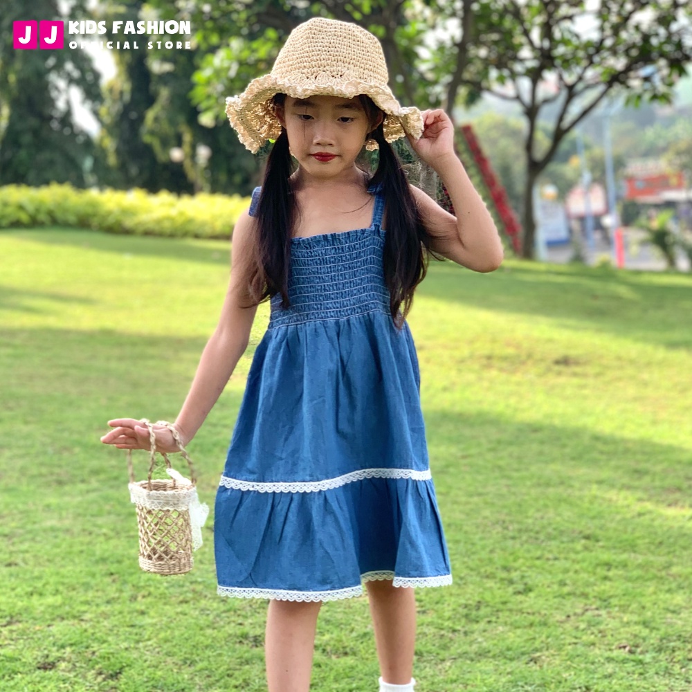 Váy mùa hè cho bé gái JJ Kids, thiết kế 2 dây chất liệu Jean giấy cho trẻ 2,3,4,5,6,7,8,9 tuổi