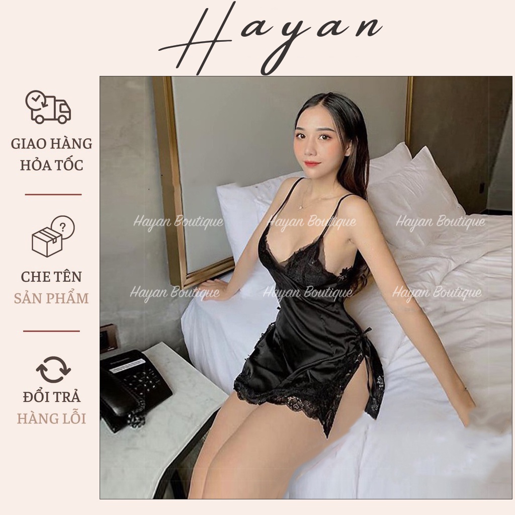 HT6 Váy ngủ sexy lụa xẻ hông phối ren gợi cảm, Đầm ngủ lụa gợi cảm, Đồ ngủ 2 dây HT6