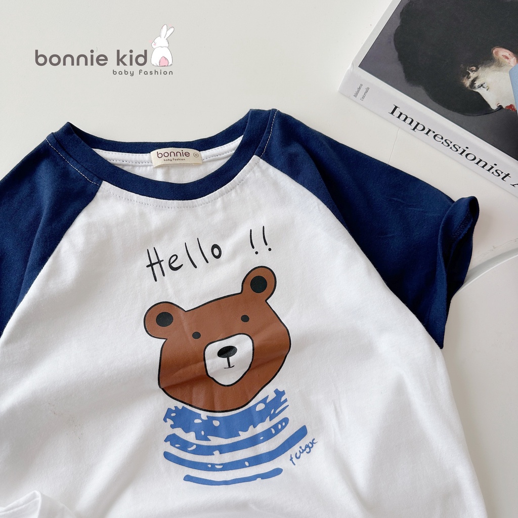 Áo phông bé trai tay phối hoạ tiết gấu, áo thun cotton cộc tay mềm mát cho bé