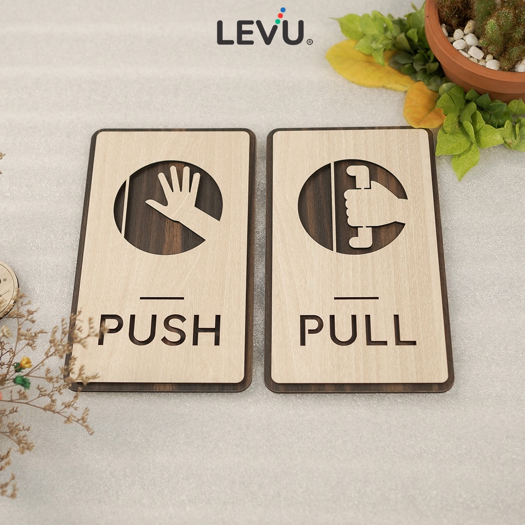 Bộ 2 bảng gỗ Pull Push dán cửa ra vào trang trí hiện đại LEVU-TP13