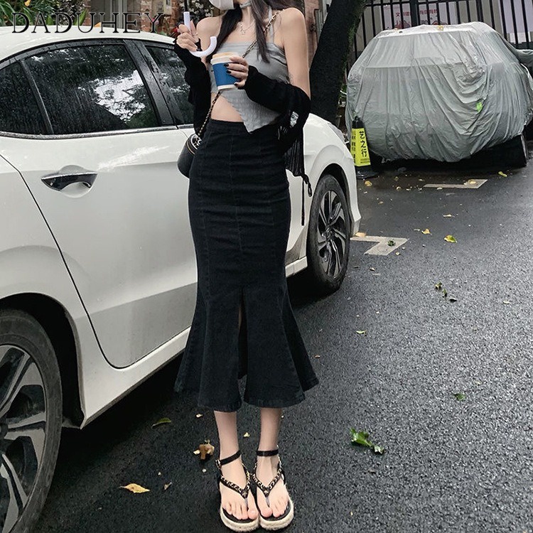 Ảnh DaDuHey New Korean Version of Ulzzang Ruffled Denim Skirt High Waist Black Slim Slit Bag Hip Mermaid Skirt 4