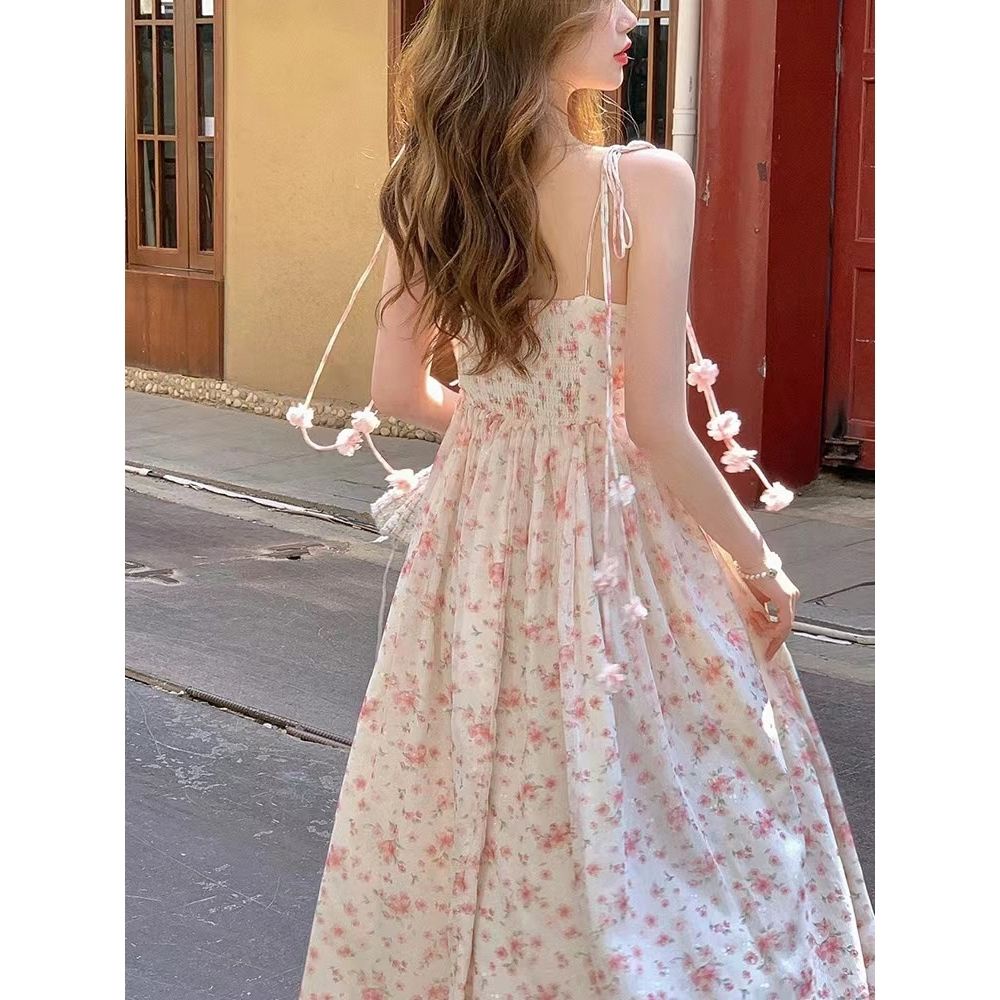 2023 French first love style pink floral suspender dress women's spring ...
