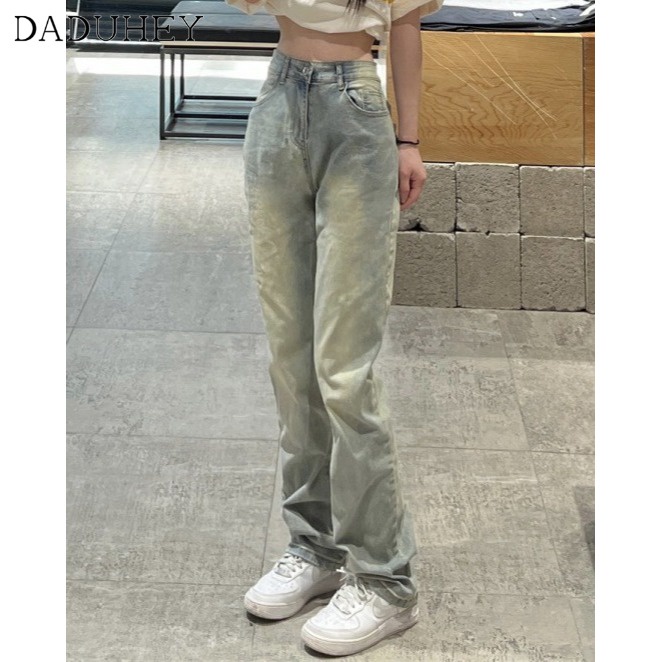 Ảnh DaDuHey New American Style Ins Washed Retro High Street Yellow Mud Jeans High Waist Slim Straight Pants 4