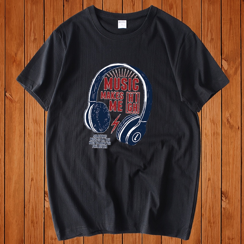 Áo Thun Nam Form Rộng HappyTee - Mẫu Họa Tiết Tai Nghe MUSIC MAKE ME HIGH Chất Vải Cotton 100-Màu Trắng Đen Xám Xanh Rêu