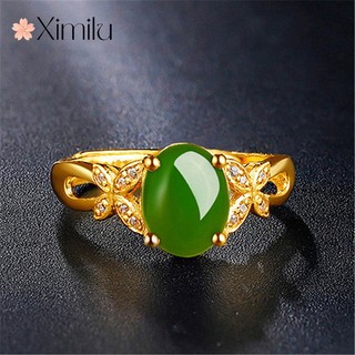 ♥[Bướm Tình Yêu Hoa] Nhẫn Mạ Vàng Đính Đá Hetian Ngọc Jasper Cầu Hôn Nữ Trang Sức Phong Cách ins