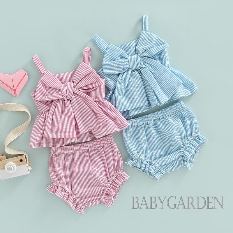 Bộ Áo Hai Dây Đính Nơ Kẻ Sọc + Quần Short Lưng Cao Thời Trang Xinh Xắn Cho Bé Gái 0-18 Tháng Tuổi