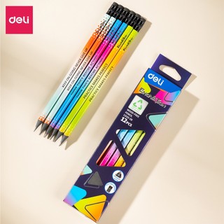 Bút chì Deli 2B thân đa sắc màu cực nhạy với máy chấm thi tự động, combo 12 chiếc dành cho học sinh và dân văn phòng