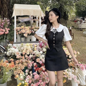 Set 3 Món Áo Sơmi Tay Bồng Mix Gile +Chân Váy Linen 2 Lớp Có Ảnh Thật