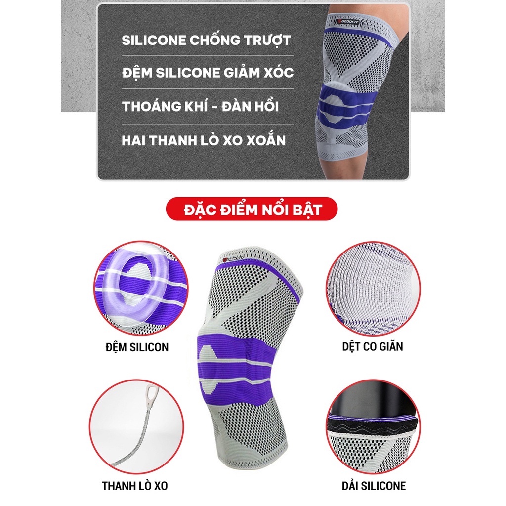 Bó gối thể thao đệm silicone GoodFit GF513K chất liệu co giãn 4 chiều, có thanh trợ lực lò xo