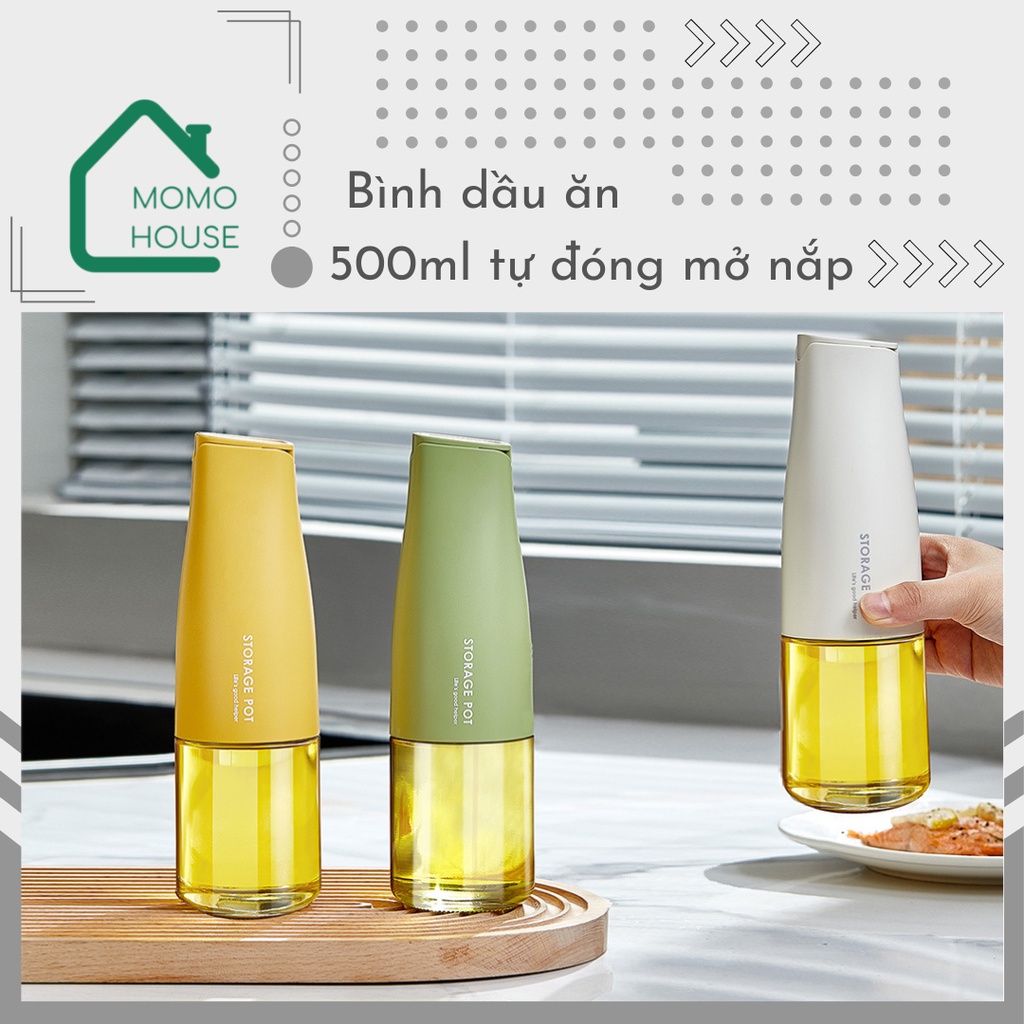 Bình Đựng Dầu Ăn Thông Minh MOMOHOUSE Tự Động Đóng Mở Nắp Khi Rót, Chai Thuỷ Tinh Đựng Dầu Ăn, Nước Mắm 500ml