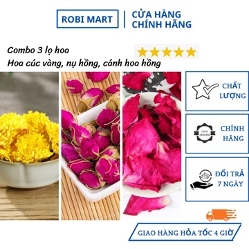 Combo 3 lọ trà hoa sấy khô robimart (hoa cúc vàng, nụ hoa hồng, cánh hoa hồng) đẹp da, tốt cho sức khỏe