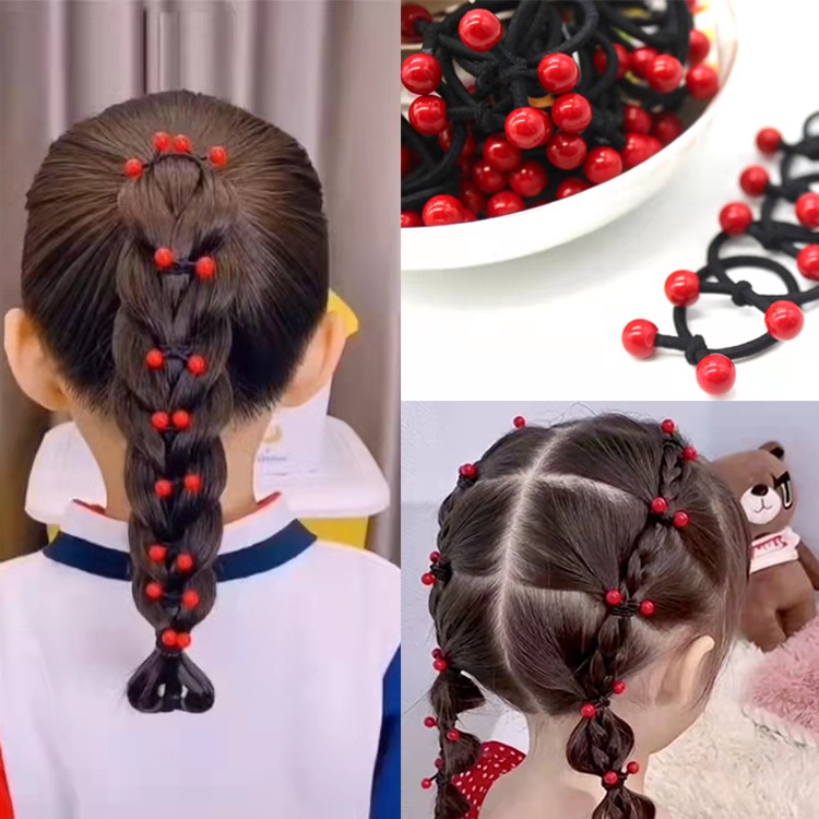 Bộ 10 Dây Thun Cột Tóc Đính Hạt Nhỏ Màu Đỏ Xinh Xắn Cho Bé Gái