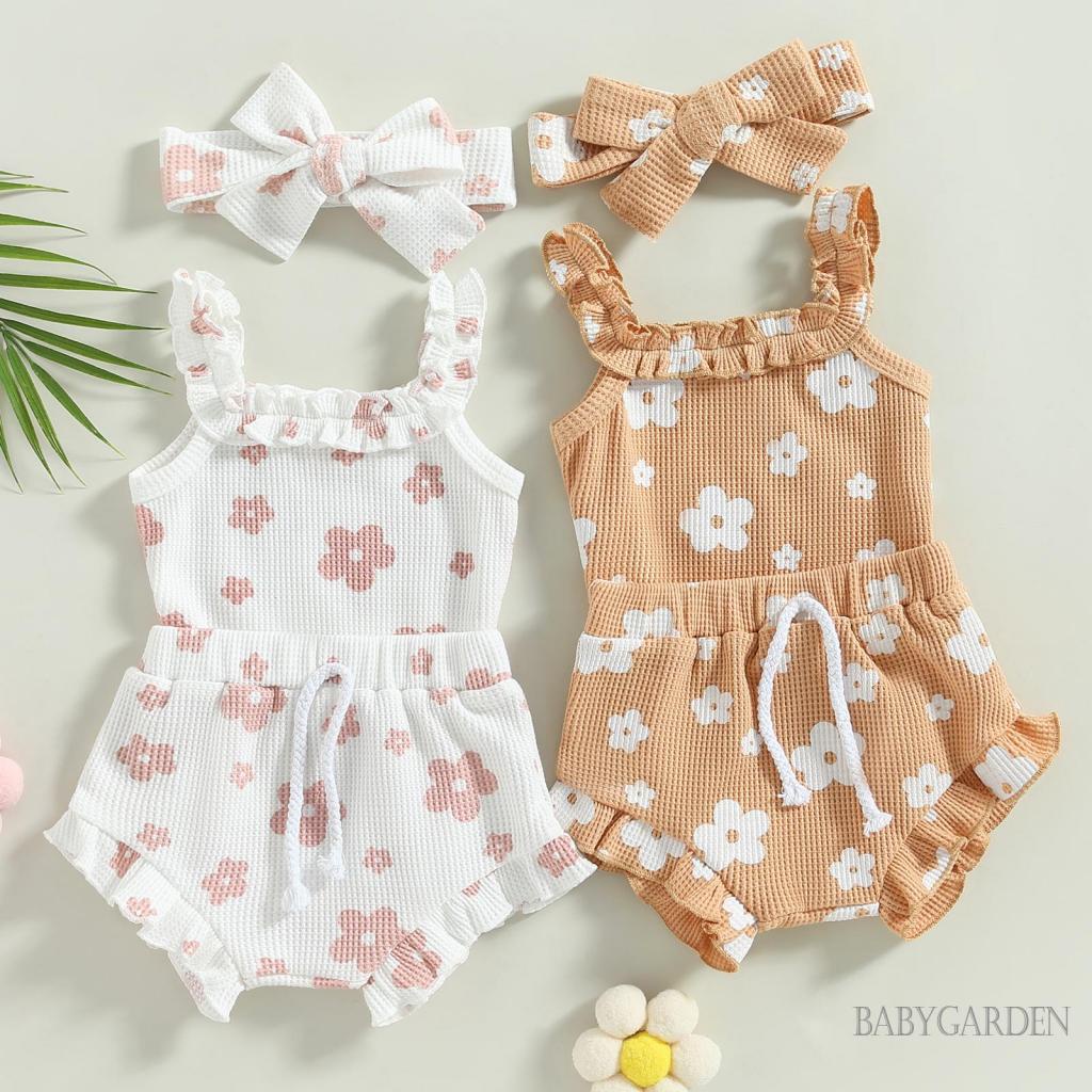 Bộ Áo Liền Quần Hai Dây + Quần Short + Băng Đô In Hoa Xinh Xắn Cho Bé Gái Từ 0-18 Tháng Tuổi