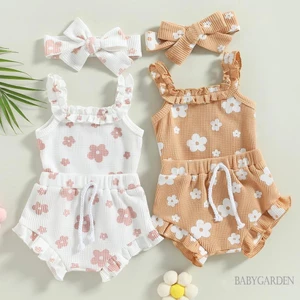 Bộ Áo Liền Quần Hai Dây + Quần Short + Băng Đô In Hoa Xinh Xắn Cho Bé Gái Từ 0-18 Tháng Tuổi