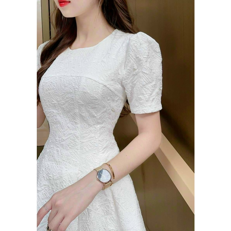 [3.3 Sales Freeship] Đầm đi tiệc gấm hoa nổi xoè bồng cao cấp màu trắng sang chảnh, đầm đi cưới cổ tròn tay phồng dx