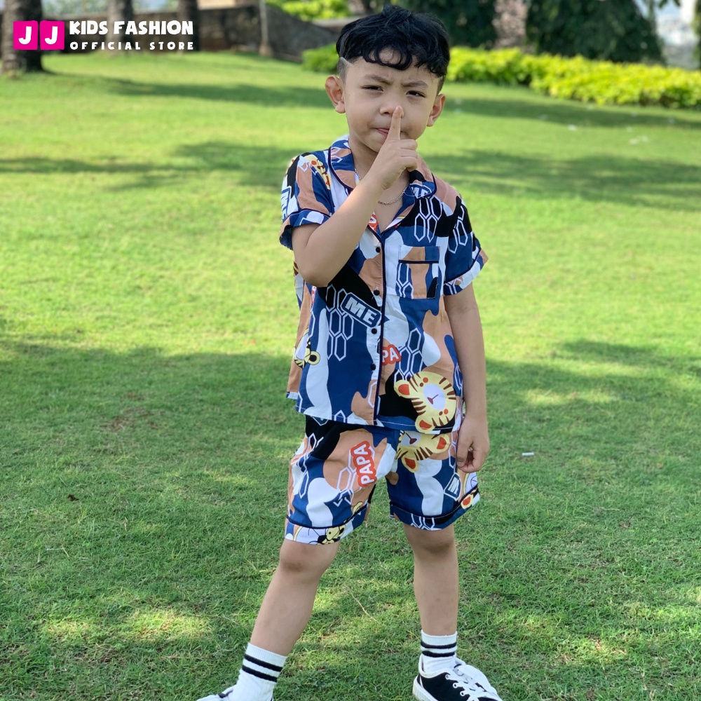 Bộ bé trai mùa hè JJ KIDS Pijama lụa mềm mại, in hình thú dễ thương 2,3,4,5,6,7,8,9,10,11,12 tuổi