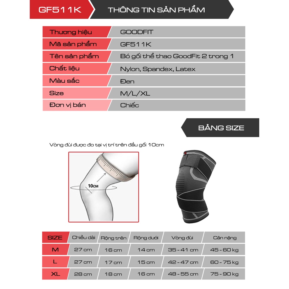 Bó gối thể thao, băng đầu gối Goodfit GF511K co giãn 4 chiều dày dặn, bảo vệ gối khi chơi thể thao