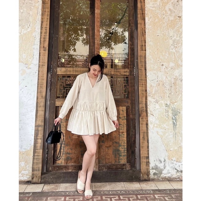 Đầm babydoll tay dài thoải mái chất liệu linen dày dặn SHISHI DRESS