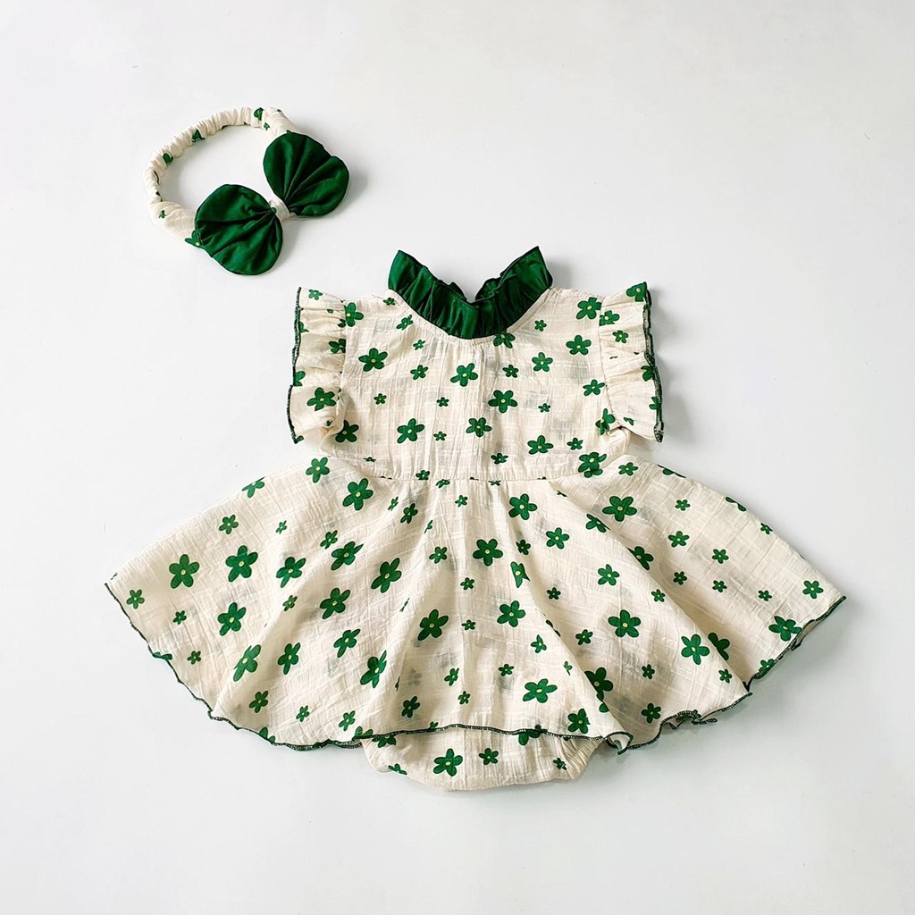Set váy bé gái sơ sinh hoa xanh cổ bèo kèm nơ MINTSCLOSET Mints Closet váy body cho bé sơ sinh 1 2 3 tuổi - BV7042
