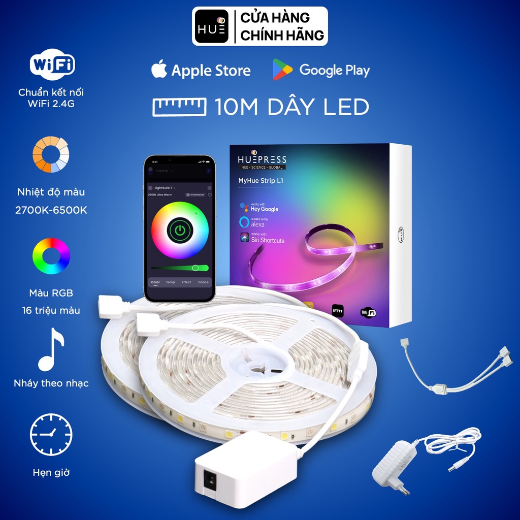 Cuộn 5m đèn led dây HuePress thông minh RGBCW WiFi/4G IP65 16 triệu màu ...