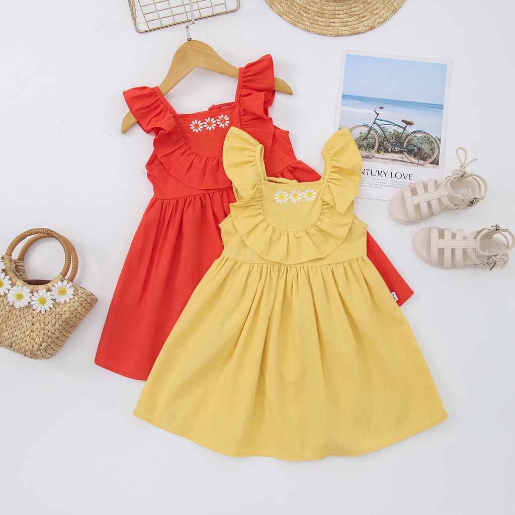 Váy cho bé gái ILABY bèo ngực đính hoa chất liệu cotton thoáng mát đan dây lưng 2 màu cam - vàng [10IG1553A3DL]