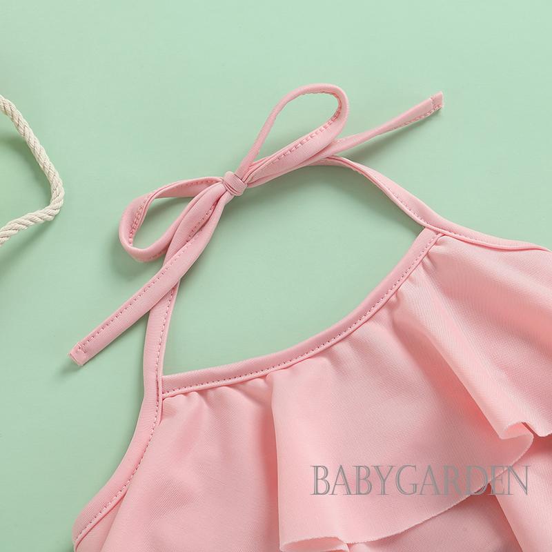 Bộ Bikini Hai Dây Màu Trơn + Đáy Nàng Tiên Cá + Băng Đô Cài Tóc Màu Sắc Xinh Xắn Cho Bé Gái