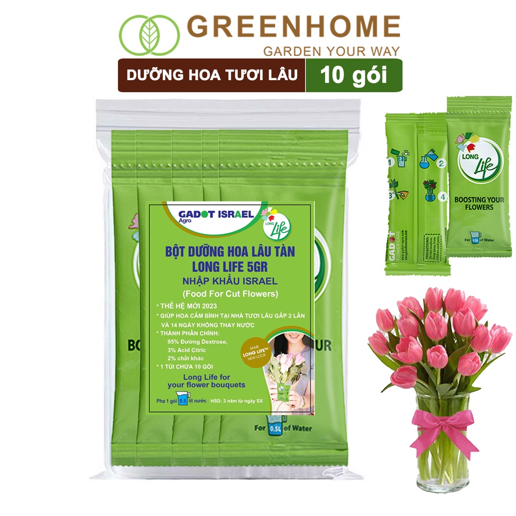 10 gói Dưỡng hoa tươi lâu longlife Greenhome, phân bón cho hoa cắt cành,gói 5gr, lâu tàn, nở bông to, không bị hôi nước