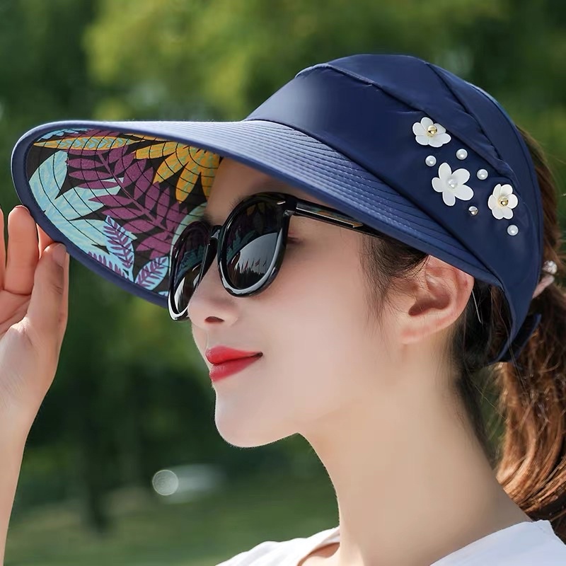 Mũ nữ vành rộng hở chóp hoạ tiết đính ngọc trai hoa tinh tế , phụ kiện thời trang nữ