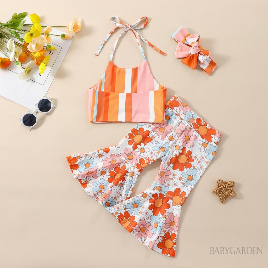 Set Áo Thun Không Tay Cổ Yếm + Quần Dài + Băng Đô Cài Tóc Thời Trang Cho Bé Gái 6 Tháng - 5 Tuổi