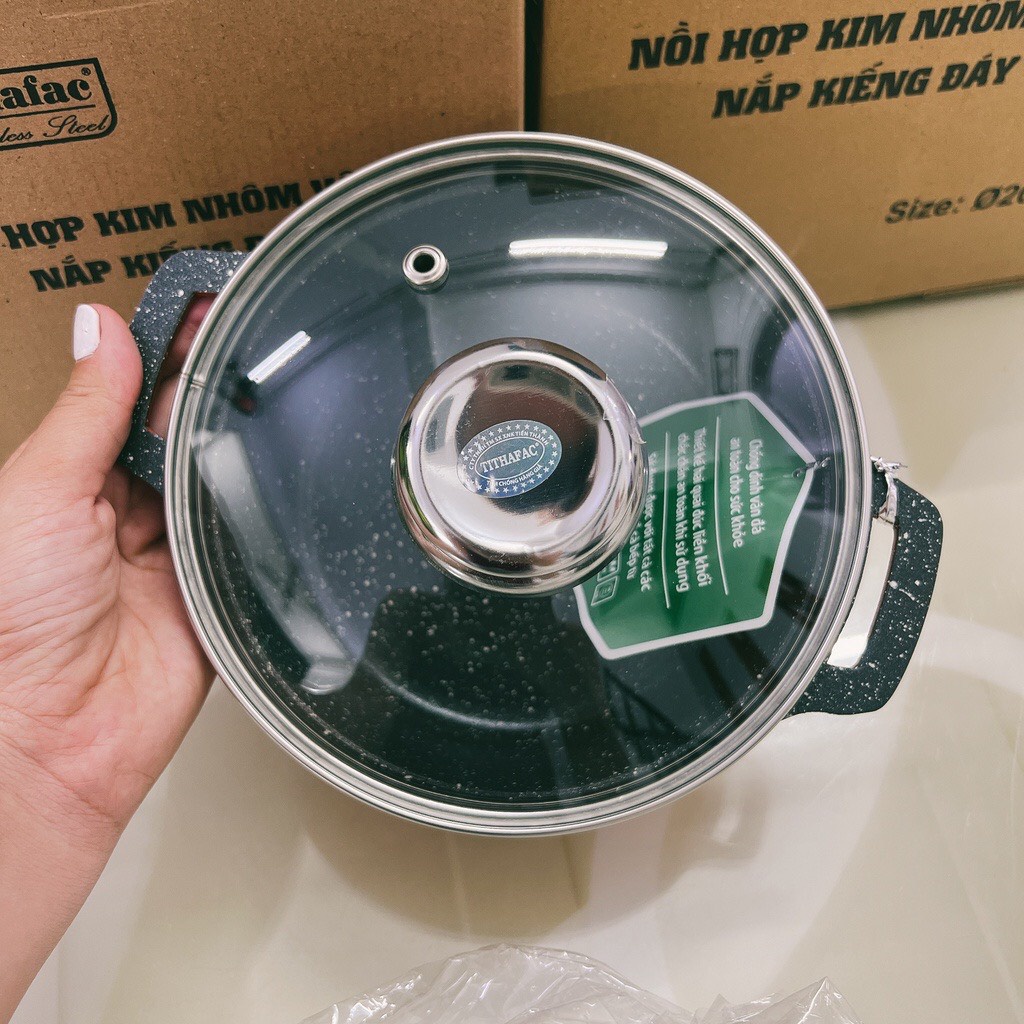 Nồi vân đá Tithafac chống dính - nồi nấu bếp từ , bếp hồng ngoại Cao Cấp có Nắp Kính