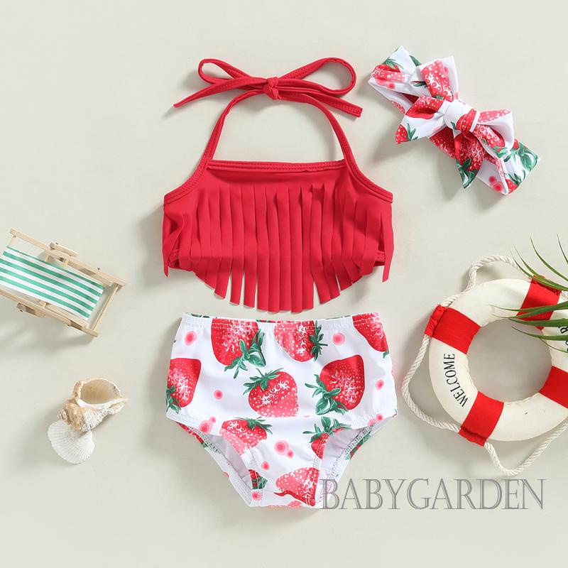 Bộ Đồ Bơi 3 Mảnh Áo + Quần Short In Hoa / Dâu Tây Màu Trơn Dành Cho Bé Gái 0-3 Tuổi