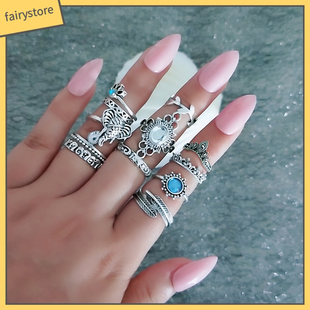 Set 12 Nhẫn Đeo Khớp Ngón Tay Đính Đá Phong Cách Boho Cổ Điển Dành Cho Nữ [Fairy1]