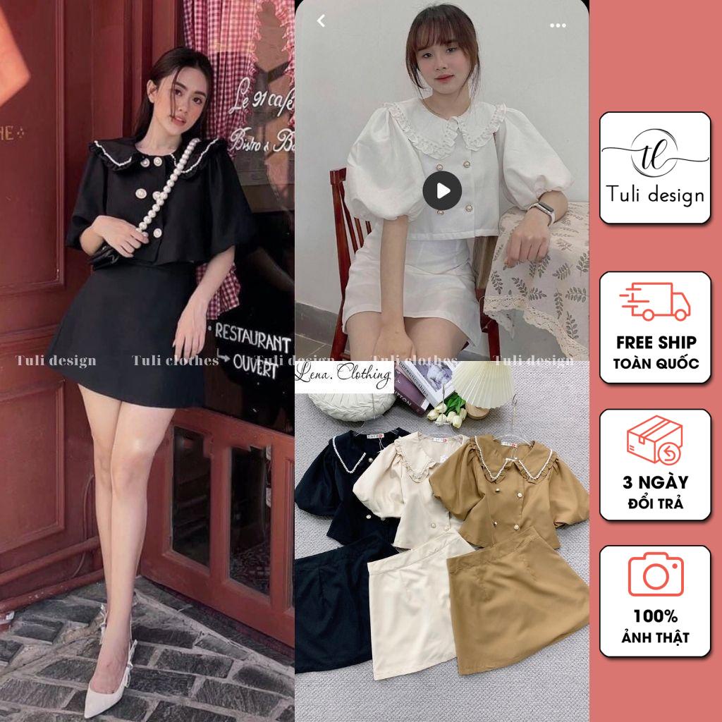 S2-142 | Set thô nến áo cộc tay cổ bèo viền hạt mix chân váy A | Tuli ...