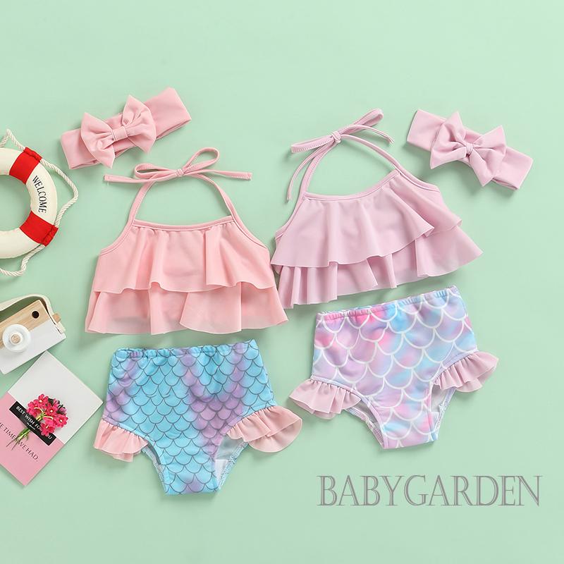 Bộ Bikini Hai Dây Màu Trơn + Đáy Nàng Tiên Cá + Băng Đô Cài Tóc Màu Sắc Xinh Xắn Cho Bé Gái