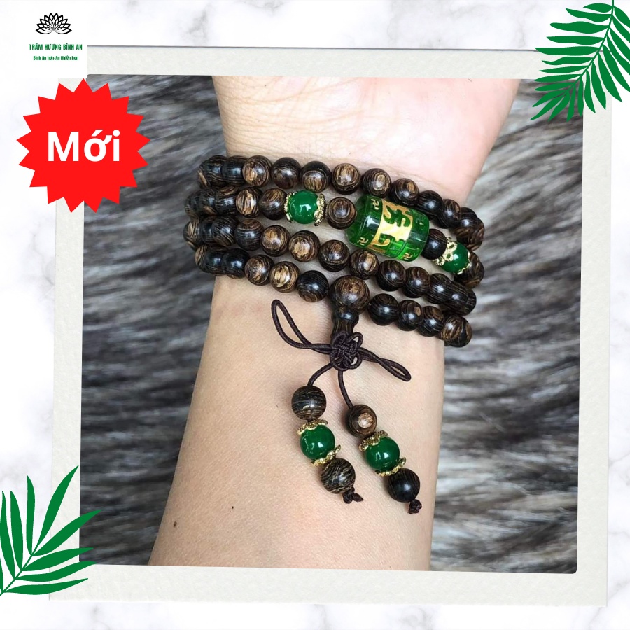 Vòng Tay Trầm Hương sánh chìm 108 Hạt - Ngũ Bảo Trợ Mệnh - Chuỗi Tràng Hạt Mix Omani màu xanh Theo Mệnh - THBA
