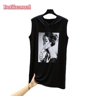 Áo thun nữ có mũ trùm đầu cotton mùa xuân hè Áo không tay in hình dáng rộng giản dị mỏng cỡ lớn