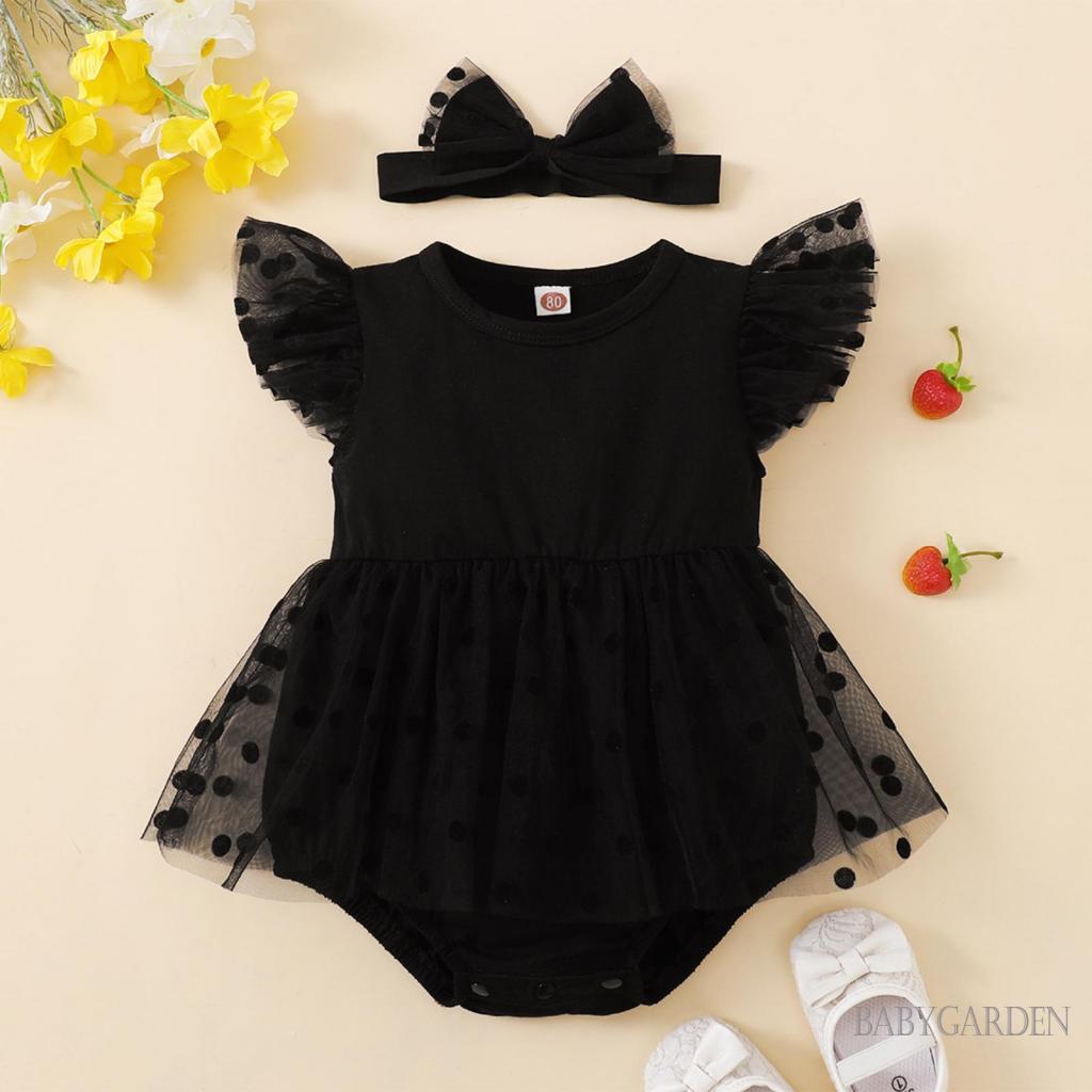 Set Áo Liền Quần Tay Cánh Tiên Họa Tiết Chấm Bi Đen + Băng Đô Cài Tóc Xinh Xắn Cho Bé Gái