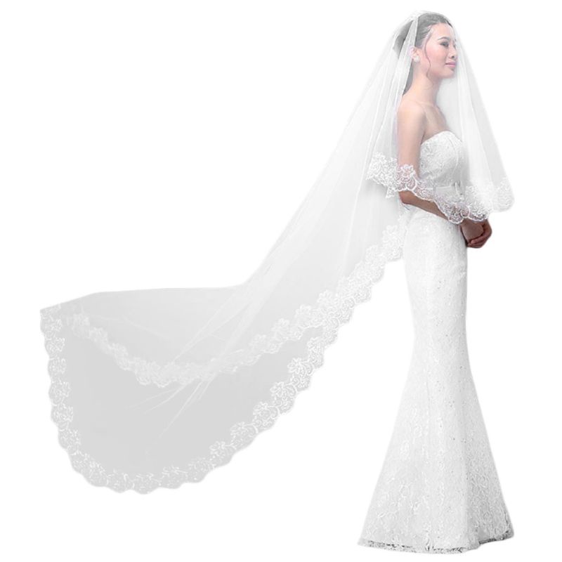 Pealike Women Pure White Wedding Veil cho viền vỏ sò thêu hoa dài