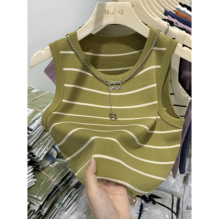 Áo Crop top cạp cao SUXI sọc nữ mùa hè Slim Fit Áo không tay